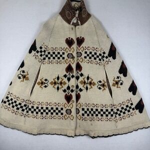 Vintage Sturbridge Knit Poncho Cape Cream Brown Geometric Button Funnel Neck